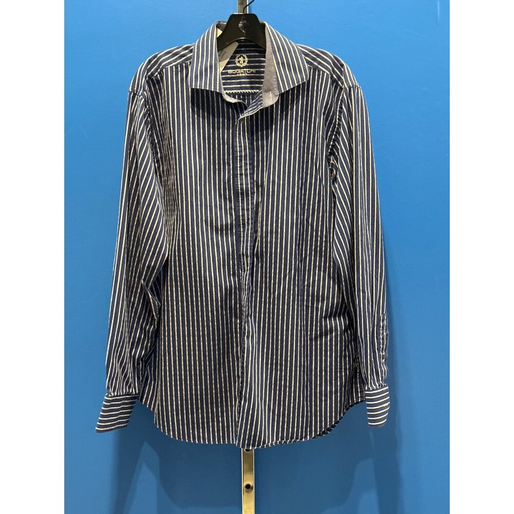 Bugatchi Uomo Mens Blue & White Striped Button-Up Shirt L